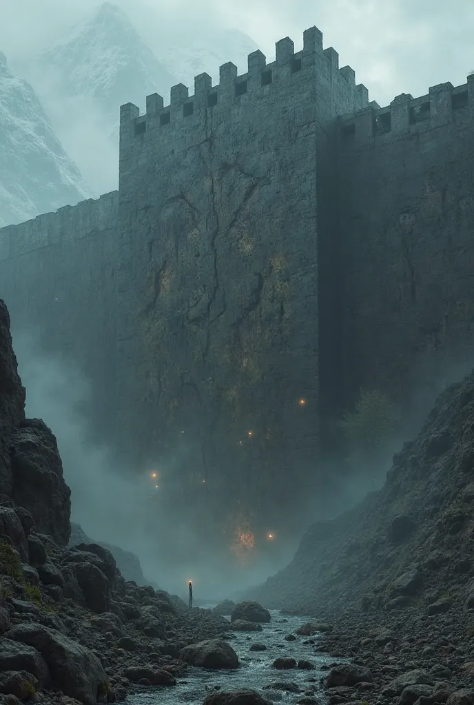 "An ancient, colossal wall built of iron and copper, towering in a misty mountain range. The wall has cracks, and strange, shadowy figures with glowing eyes can be seen behind it, trying to break through. The atmosphere is dark, eerie, and filled with susp...