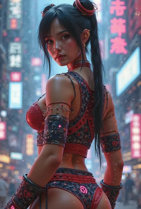 Help me design a cyberpunk style，Chun Li decorated with dumpling elements，It looks handsome and cool，It is also rich in Chinese culture