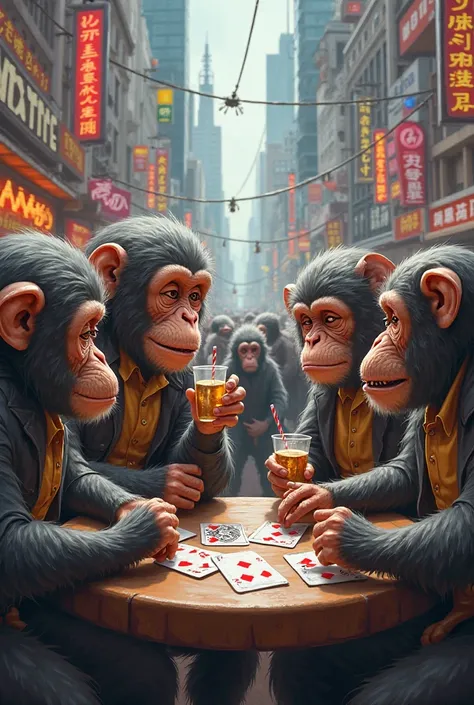 Monkeys playing card and drinking in city