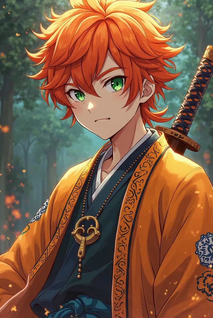 Create a character in the style of Kimetsu no Yaiba, a man with orange hair., green eyes, Haori orange with blue and white details on the edges, with a katana 