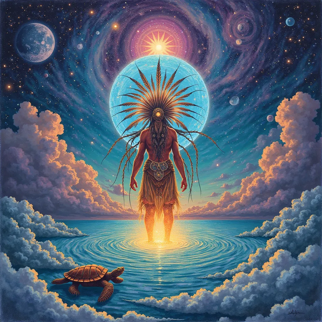 Visionary art, sacred cosmic landscape, celestial shaman with feathered headdress, glowing portal to another dimension, intricate patterns, vibrant colors, luminous energy, ultra-detailed, fantasy illustration, ethereal glow, spiritual surrealism, pointill...