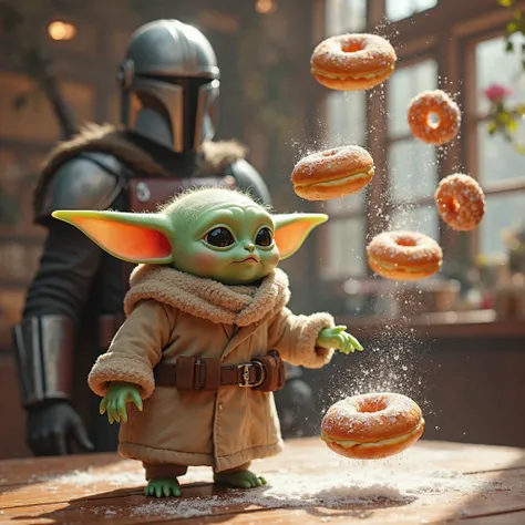 Grogu moves donuts in the doughnut shop with the power of his mind, and the Mandalorian stands in the back in shock