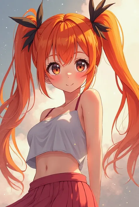 Twin tail orange hair anime girl 19 years old wearing crop and minj short