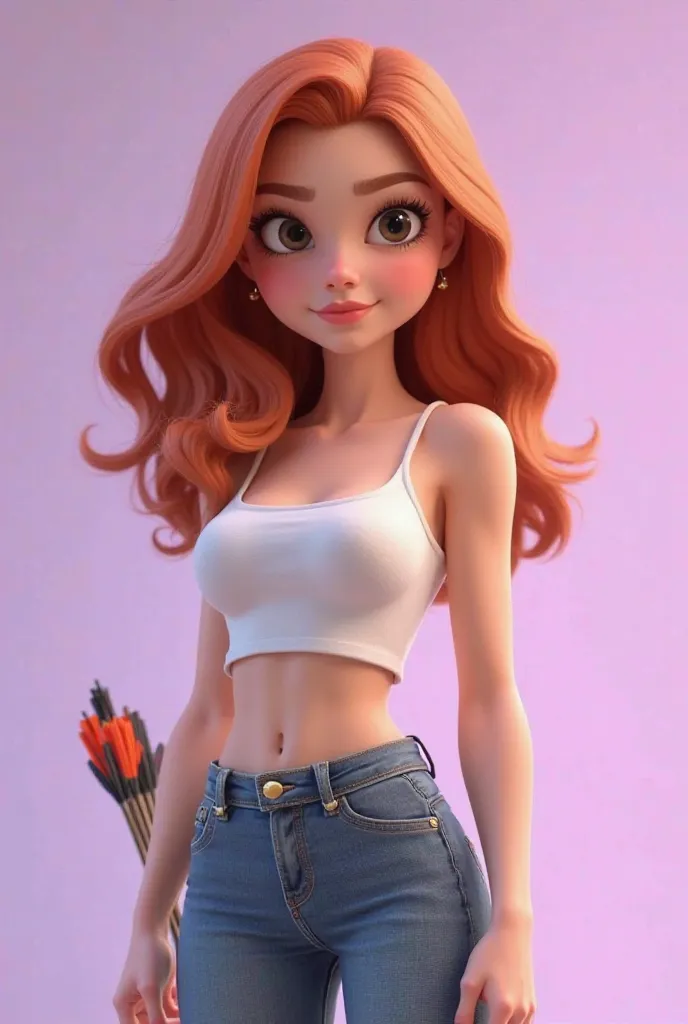 3D rendering in Disney Pixar style , 26 year old woman ,  eyes black ,medium wavy copper red hair , standing , wearing white Topper with thin strap,  jeans , holding a bow with arrows in his hand, In the position of a slayer , Lilac background .