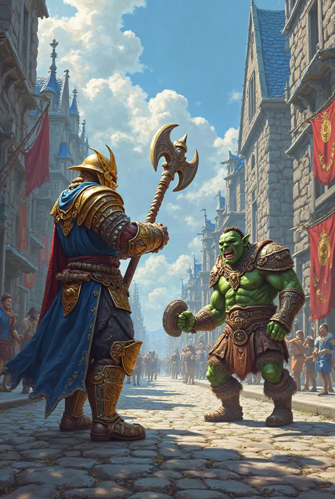 Here's a refined description of the scene you're looking for:

Imagine an epic battle in the middle of a large medieval fantasy city. In the At the center of the confrontation is a human warrior, whose gold and blue armor shines under the sunlight. His hel...