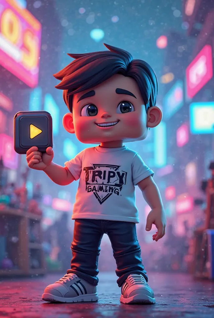 A SQUARE SHAPE BOY CHARACTER BLACK PANT AND WHITE SHIRT GAMING DESIGN ON HER SHIRT WITH WRITE TRIPIY GAMING ON HER FULL SHIRT AND HOLD A YOUTUBE SILVER PLAY BUTTON ON HAND WITH GAMING BACKGROUND 