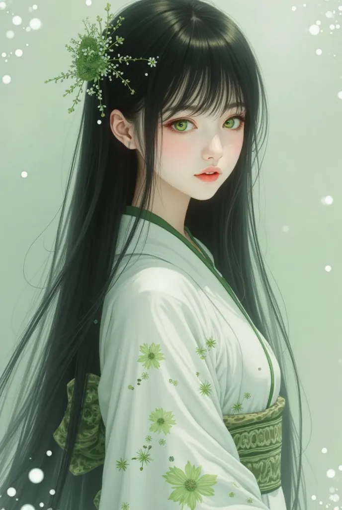 a woman with long, straight hair, green eyes and a white kimono with green details, her skin is white and her lips are very pink