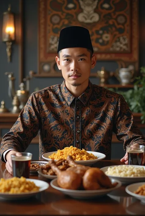 Indonesian man, Age 20 years, The black cap typical of Indonesian President Soekarno, A long-sleeved formal shirt in brown with lots of typical Indonesian batik motifs in black, Black formal trousers, There was a luxurious wooden table right in front of hi...