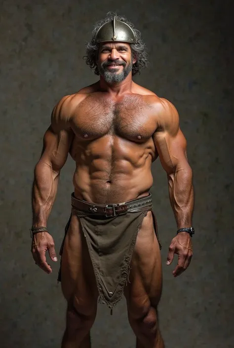 Ugly, masculine, hot, cocky, sexy, attractive  fit muscular  bare chest 50 years old indigenous Libya prisoner massive vascular barbarian in the Neolithic period time. Relax front posing . Medium curly gray hair. Wearing bodybuilder leather tiny posingsuit...