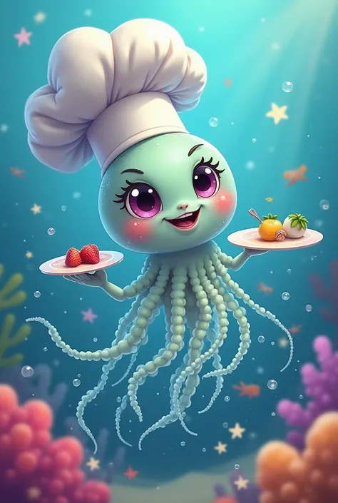 Of course! Although not caricature

**The Medusa Chef:**

* ** Body:** Imagine a jellyfish with a round and translucent body, as a shiny jelly. It could have a soft aquamarine color or a light lavender shade.
* **cap:** in its "head", she wears a white che...