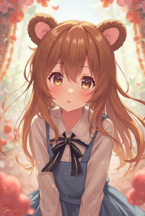 anime, chica, bear ears, brown hair and eyes , looking up from an expectation where the angle shows her from below and she looks up