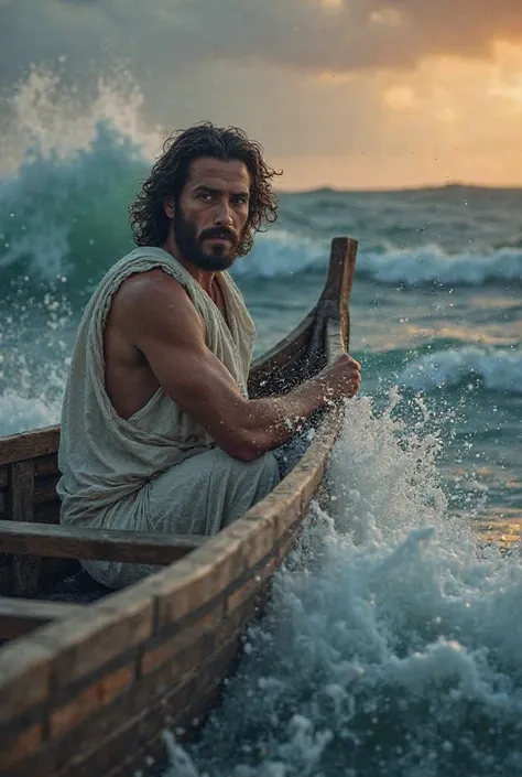 Stormy Sea of Galilee at dusk. A wooden fishing boat battles towering waves.  
- **Jesus (Age: Early 30s) 
  - **Appearance**: Olive skin, shoulder-length dark brown wavy hair, short beard, calm brown eyes.  
  - **Height**: 5'8", wearing a simple white tu...