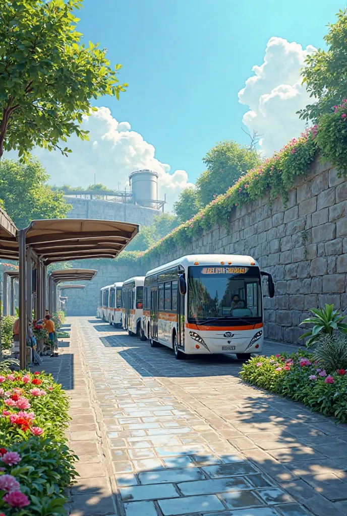 Generate an image of a bus car wash with a garden on the side and a stone wall, an awning for a roof and a water reuse process with a water tank in the back. 