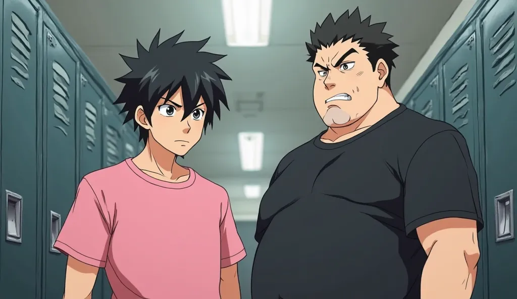 Create anime image of two guys in a school lockeroom. One is wearing a pink t-shirt and has black hair and the other is a chubby guy wearing a black t-shirt, they are both looking with evil smirks on there faces.