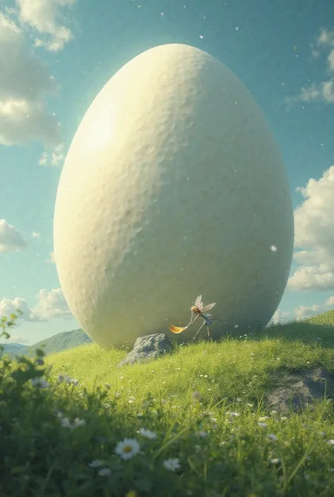 A big egg on a green hill is being cracked by some little fairy with white rock. 