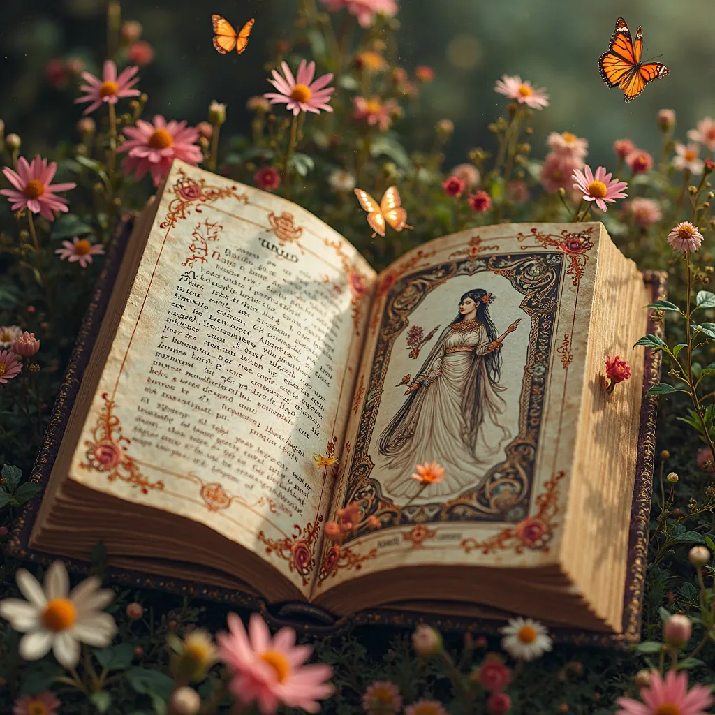 The grimoire lies open, exuding an almost imperceptible floral scent, } as if your own essence were imbued with magic. The runes in On the left page are written in sinuous calligraphy, delicate and enveloping, like a seduction in words. On the right page, ...