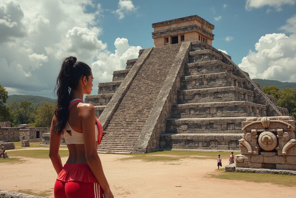 (muscular body:1.8), latin woman, ((small breasts)), woman , sportswear  A Mesoamerican Teotihuacan temple, rectangular on a square platform, with smooth and decorated walls, a flat roof and a central altar.
Red, white and black predominate, with details i...