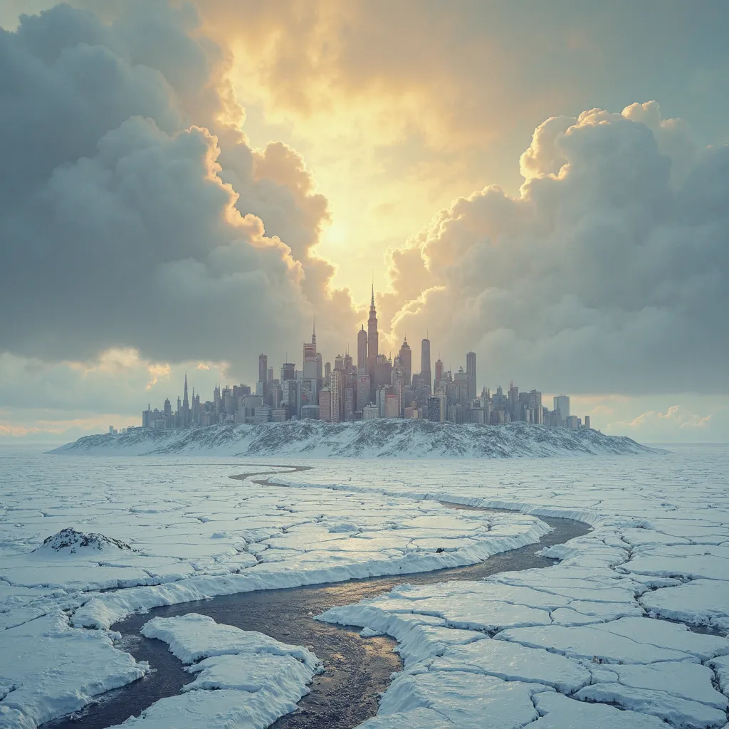 white snow, grey ice, on cracked land, with a patchwork quilt on it, a city in a road loop, and clouds are floating above the city, covering the heavenly light, and above the city there is yellow smoke, the city is 2 thousand years old, 