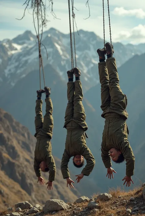 Azerbaijani soldiers are hanging upside down. Hands are down and they are died . Photo from far mountains they are many