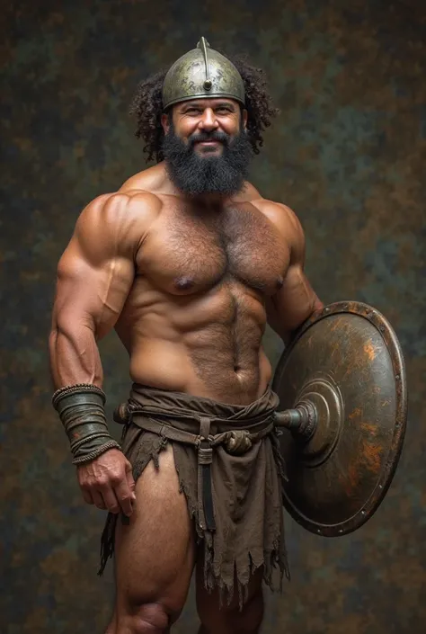 Ugly, masculine, hot, cocky, sexy, attractive  fit muscular  bare chest 26 years old indigenous Pakistan prisoner massive vascular barbarian in the Neolithic period time. Relax front posing . Medium curly hair. Wearing bodybuilder leather tiny posingsuit l...