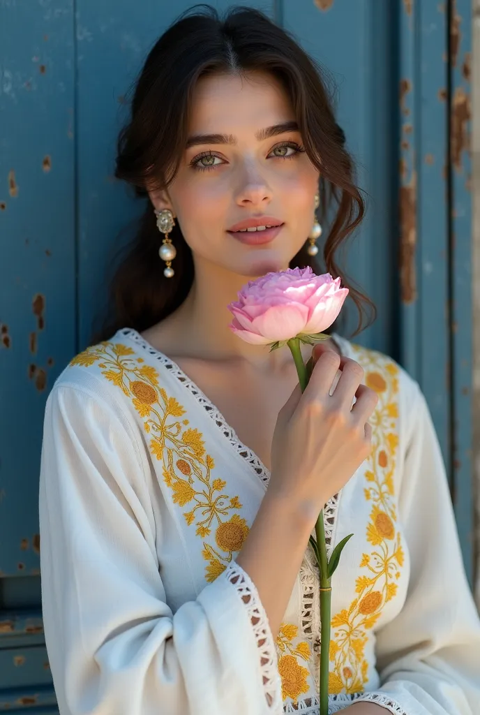 a beautiful young Russian woman dressed in a traditional white embroidered outfit with delicate lace details and soft yellow accents. She should gracefully hold a fresh pink flower near her face, exuding warmth and natural beauty. Her expression should be ...