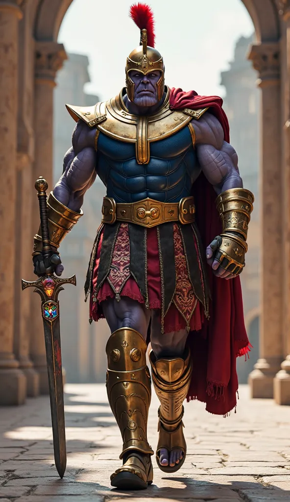 Thanos dressed as a Roman soldier, With a Roman helmet and a sword where are the jewels of infinity walking towards the camera