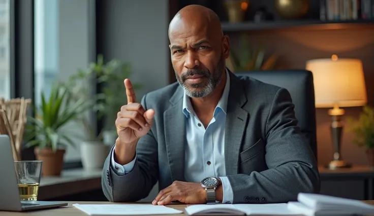 MIKE TYSON financial failure sitting in casual clothes in an office pointing his finger at his financial decline with artificial intelligence graphics