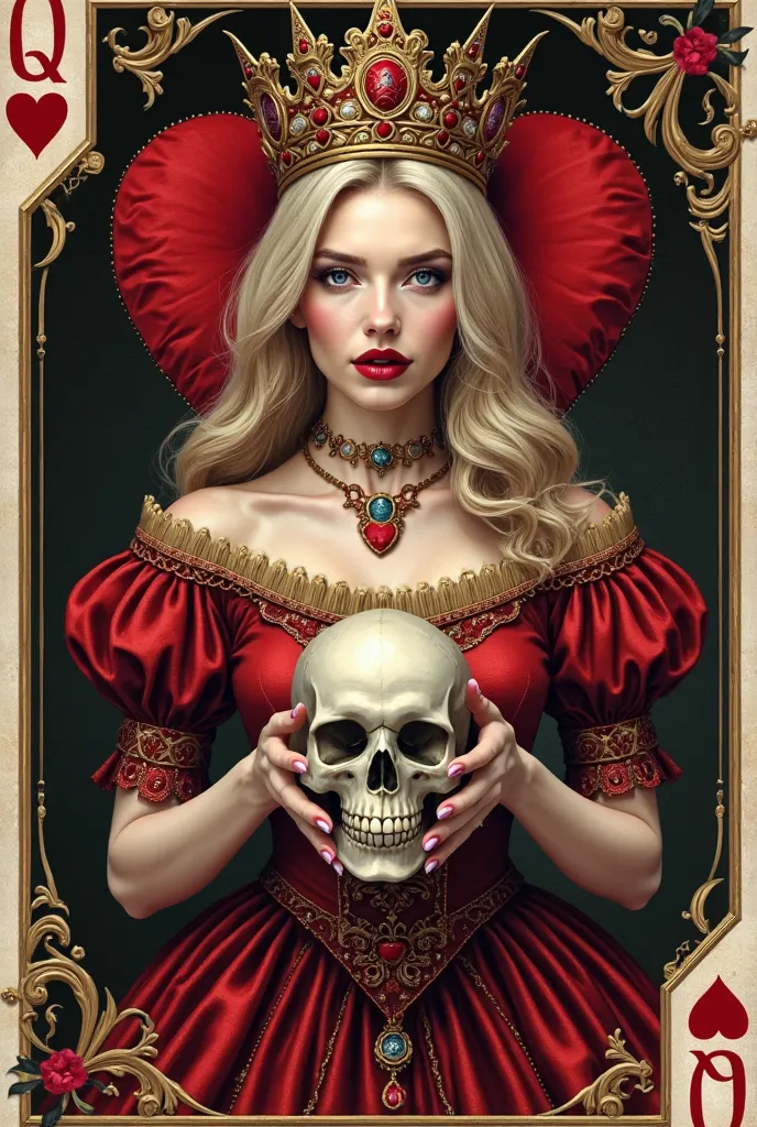 Letter from the queen of hearts, where the style is dark red. The queen is blonde, with dark red lipstick. A realistic skull in her hands ,is also present in the card. The skull is realistic. The woman is beautiful and proud. The hearts are dark red . The ...