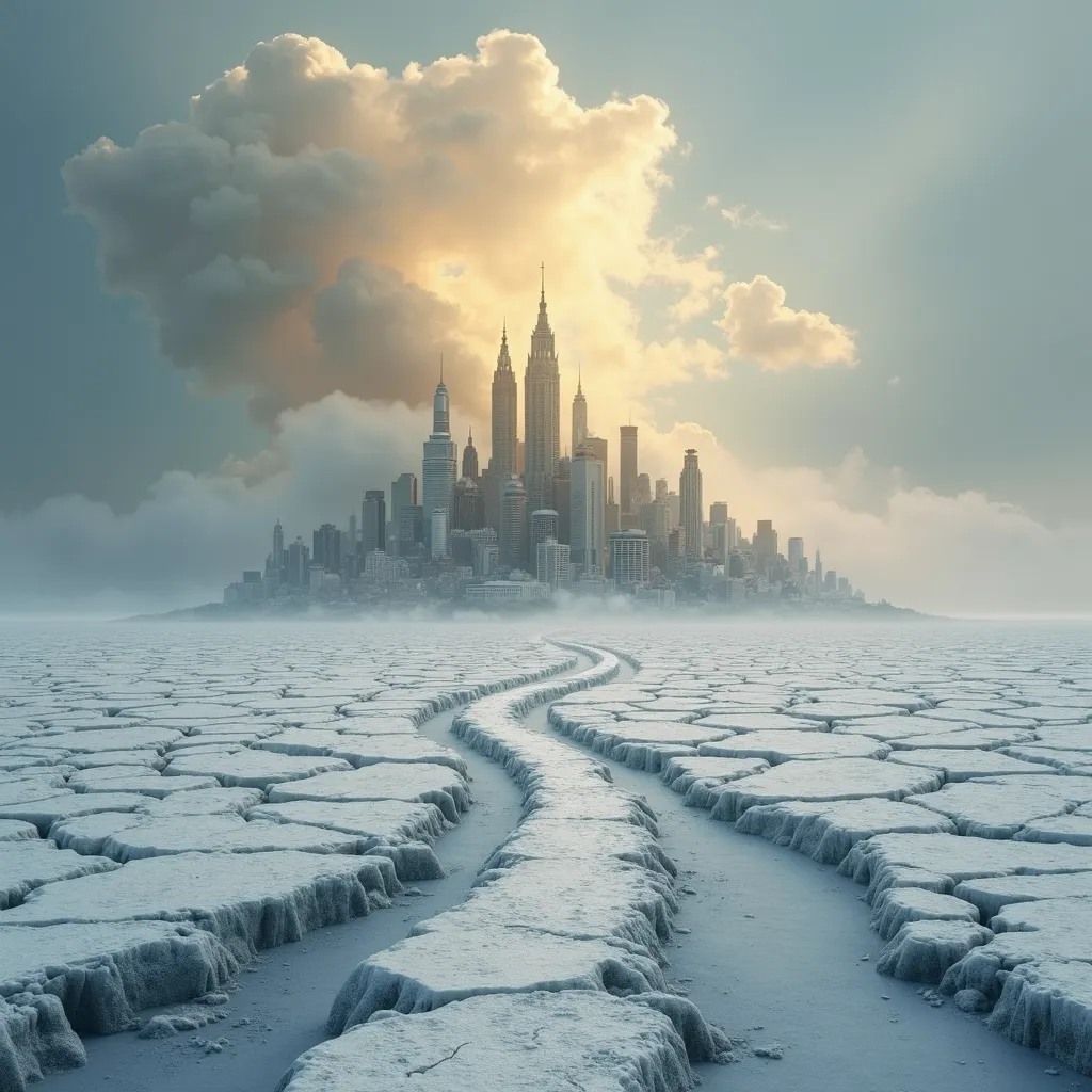 white snow, grey ice, on cracked land, with a patchwork quilt on it, a city in a road loop, and clouds are floating above the city, covering the heavenly light, and above the city there is yellow smoke, the city is 2 thousand years old, 