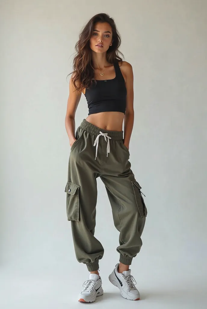 a female model, in streetwear style, with cargo pants and a top, without any accessories, posing for a photo, the image must show the woman's entire body, and a white or gray background