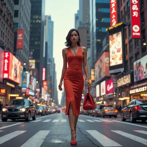 Stylish woman walking down the street at a crossroads 