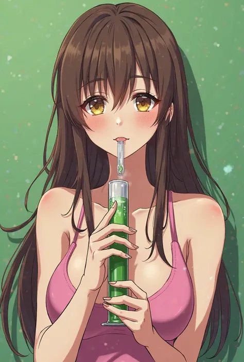 


“Generate an image of an anime girl with green (not too strong a color) and long brown hair. She is wearing sexy but cute clothes and taking a good puff from a weed bong. Long brown thick hair, cute but nice clothing. Happy and chill. Taking a bing rip ...