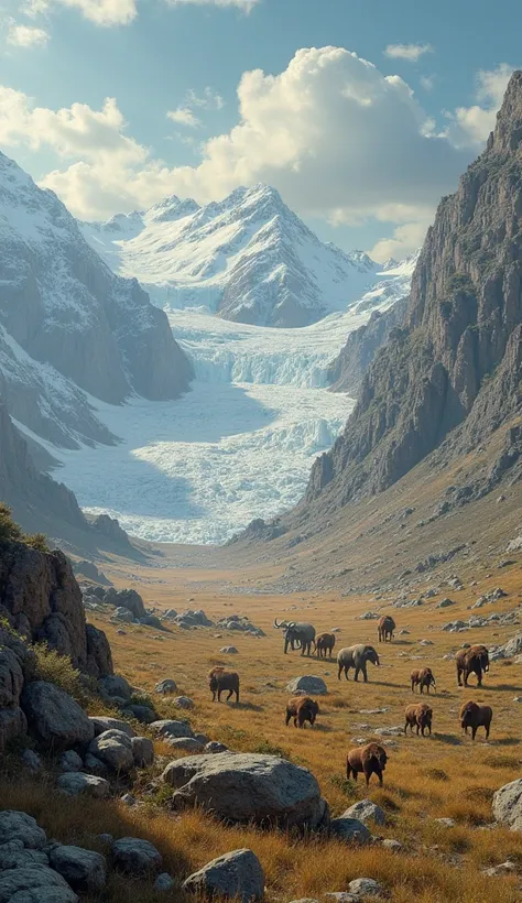 "A scene from Earth 500,000 years ago, during the late Pleistocene epoch. The planet is still in the grip of an ice age, with glaciers advancing across the northern hemisphere. The landscape is a mix of tundra, grasslands, and scattered forests. Woolly mam...