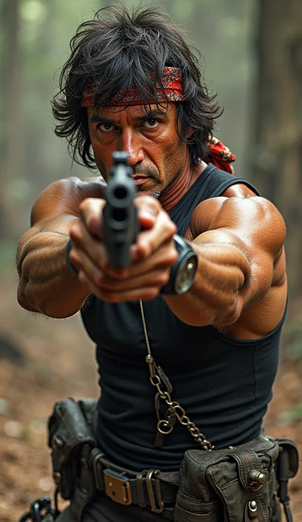 "Create a detailed image of Sylvester Stallone as Rambo, depicted in a dynamic action pose. He is pointing an M16 assault weapon directly at the camera with intense determination in his eyes. Rambo should be wearing his iconic bandana, tank top, and combat...