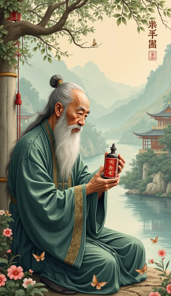 A traditional Chinese scene with an old man holding a medicine bottle