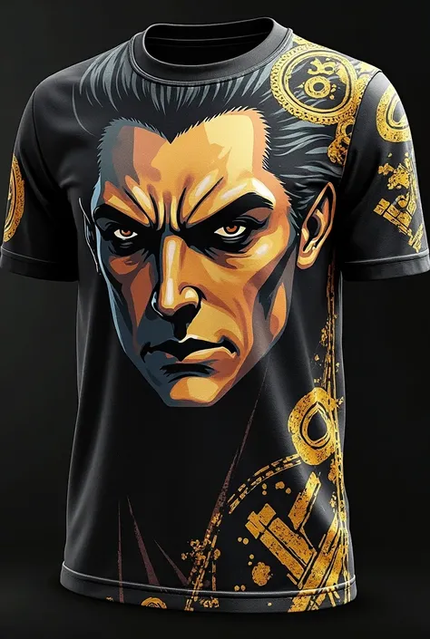 a shirt with Dio Brando with the number 9 on the side, The colors of the t-shirt are black and gold