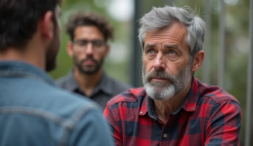 Right in the background , The gray man , With gray and short hair, well-groomed beard and light blue eyes, you are watching the two young men. He is wearing a red and black plaid shirt with short sleeves and jeans. Your facial expression is one of surprise...