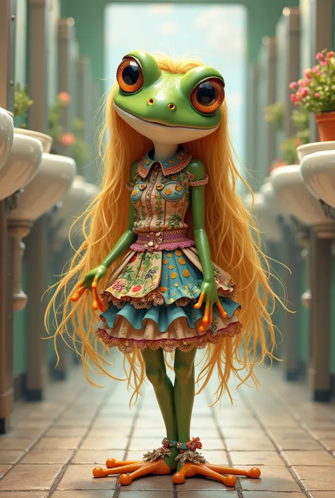 2D drawing of a frog with long blonde hair in a fun and festive skirt and blouse in the women's bathroom