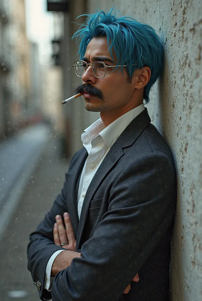 Blue-haired man with a mustache leaning against a wall, sucks cigarettes, wears a Gucci shirt, wears glasses, a medium haircut
Tuner