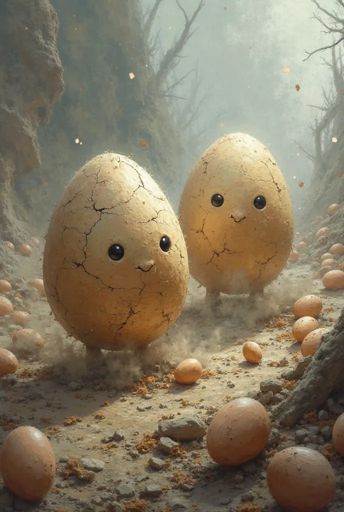 Eggs fighting in a war with dead eggs around the fighting 