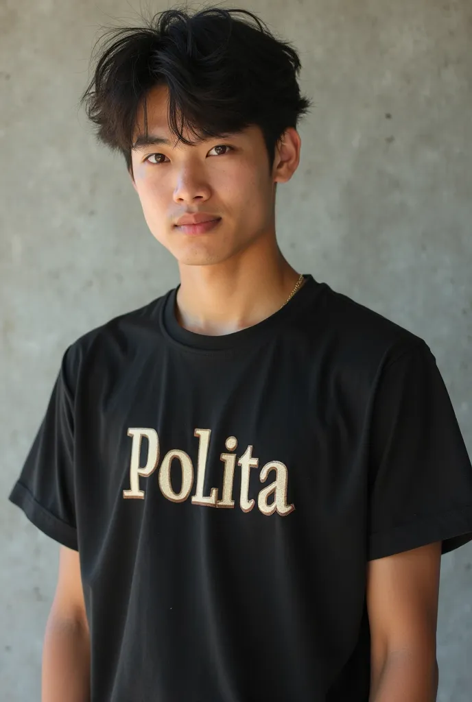 20 year old boy  wearing a black shirt where the boy name is Anshu write on it and the girl name is polita write on it 