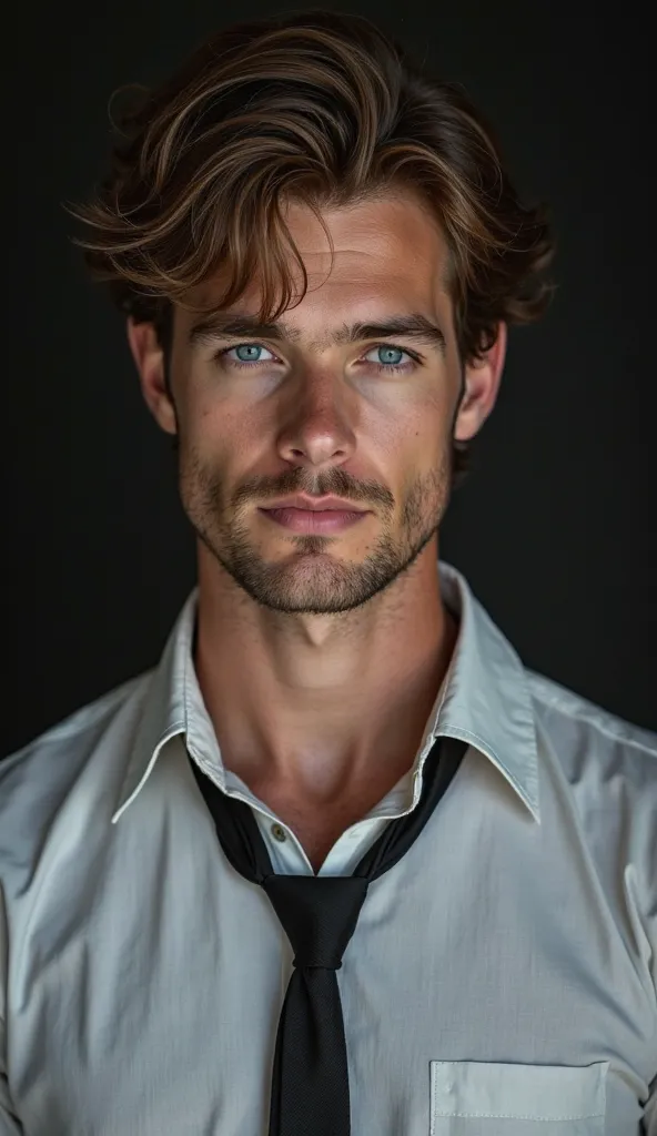 A young man with brown hair and blue eyes.  muscular  ,  wearing shirt ,   slightly disheveled  , a tie hanging around his neck. The photo should reach up to his chest.White skin and full lips. without a beard .  Background should be dark  . 