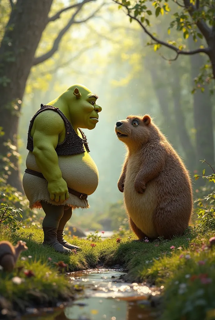 Do a arealistic picture of shrek meeting a capybara