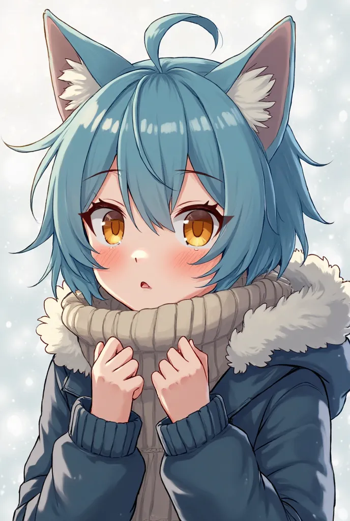  creates a boy with cat ears water blue hair . with yellow eyes with dark orange . and a warm sweater with closure on her sleeves and around her neck has fluffs that are part of the zipped coat. with the position of my arms half open as if I were about to ...