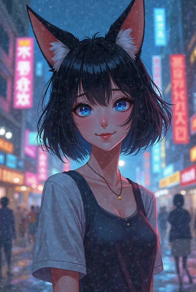  Paren, 21 years old,  black straight hair, short hair, blue eyes,  smug, confident, Liar, fox ears,  quality,  chelka,  manhwa style , высокое  quality, digital art, 4K, High detail, photorealistic, deep perspective, carefully thought-out design, bright c...