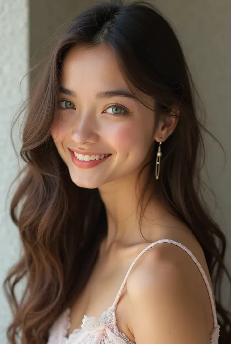  girl ,white,button nose, average height, thin, long wavy dark brown hair ,large blue-green,long eyelashes,Smile with your mouth shut, pink lips,slightly blushed