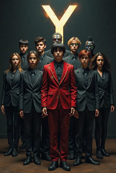 There are seven, a tall Leandro boy in the center, David on his right in a mobster costume, Daniel on his left wearing a red suit with flames, And two other girls follow him, one is dressed in a casual suit and the other is dressed in a black suit, Looking...