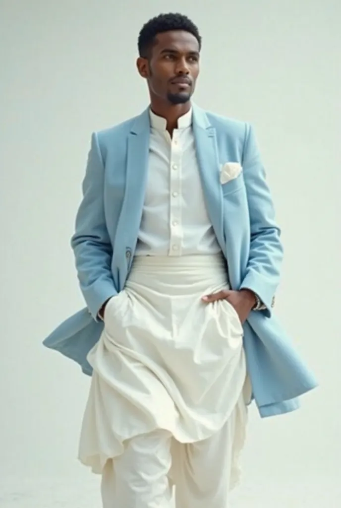 Man wearing pure white kurta pajama and sky blue plane blazer of sting stuff 