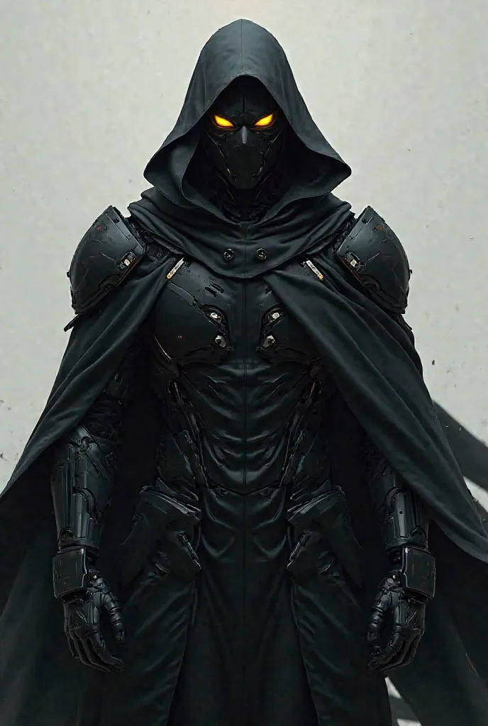 man,  black mask,  mask covering the entire face, technological armor,  eyes yellow, On top wearing a black overcoat, anime style