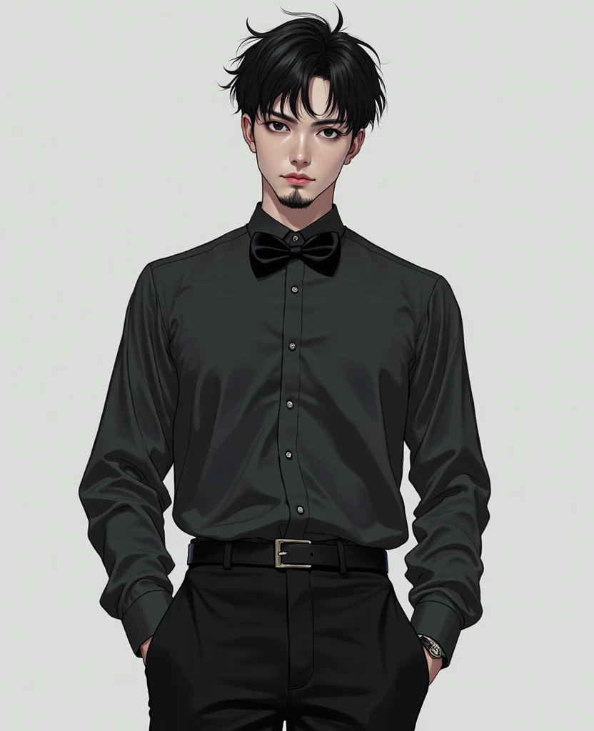 Male 30 years old , short black hair,  black eyes,  diamond face shape, Thick tits, Full lips, droopy eyes, sunken eyes, enigmatic appearance,  small beard,  Dark plain long sleeve shirt,  black bow tie ,  long black pants , transparent background,